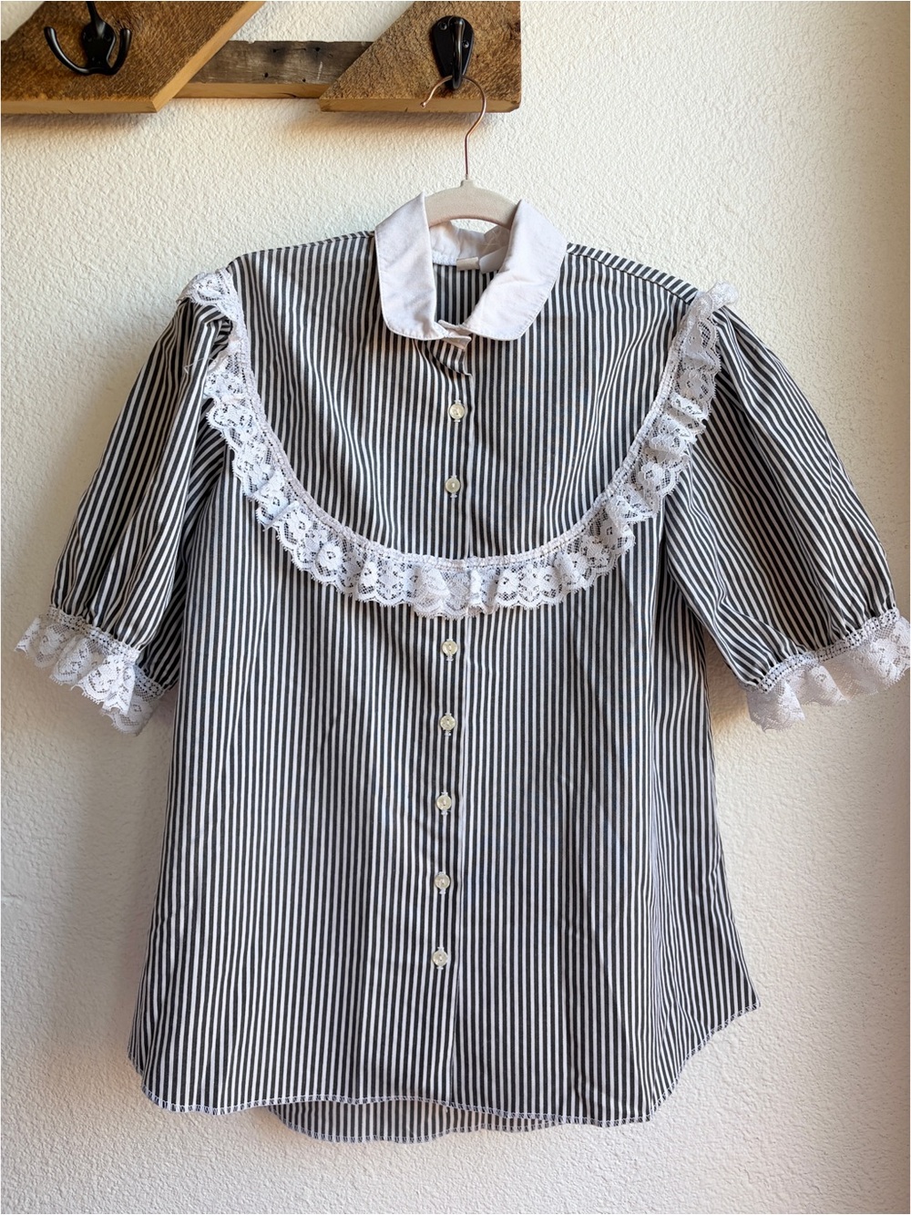 Vintage Grey Striped Prairie Lace Yoke Blouse XL